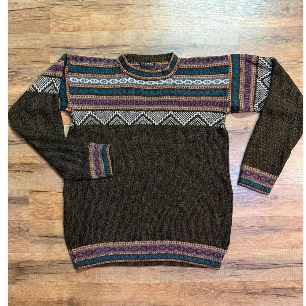Made in Peru Vintage 100% Alpaca Wool Sweater Brown Pattern Knit Pullover Boho
